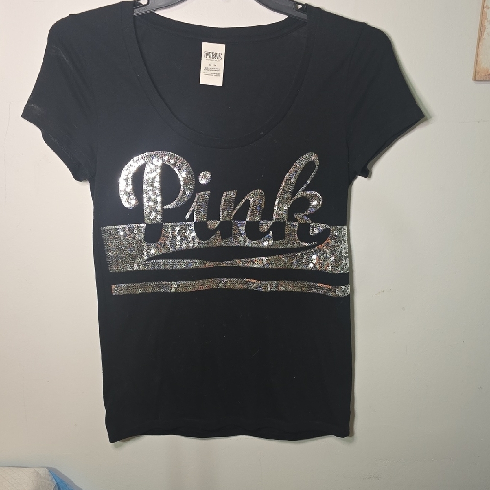 Victoria's Secret Black Tee with Silver Sequin Logo